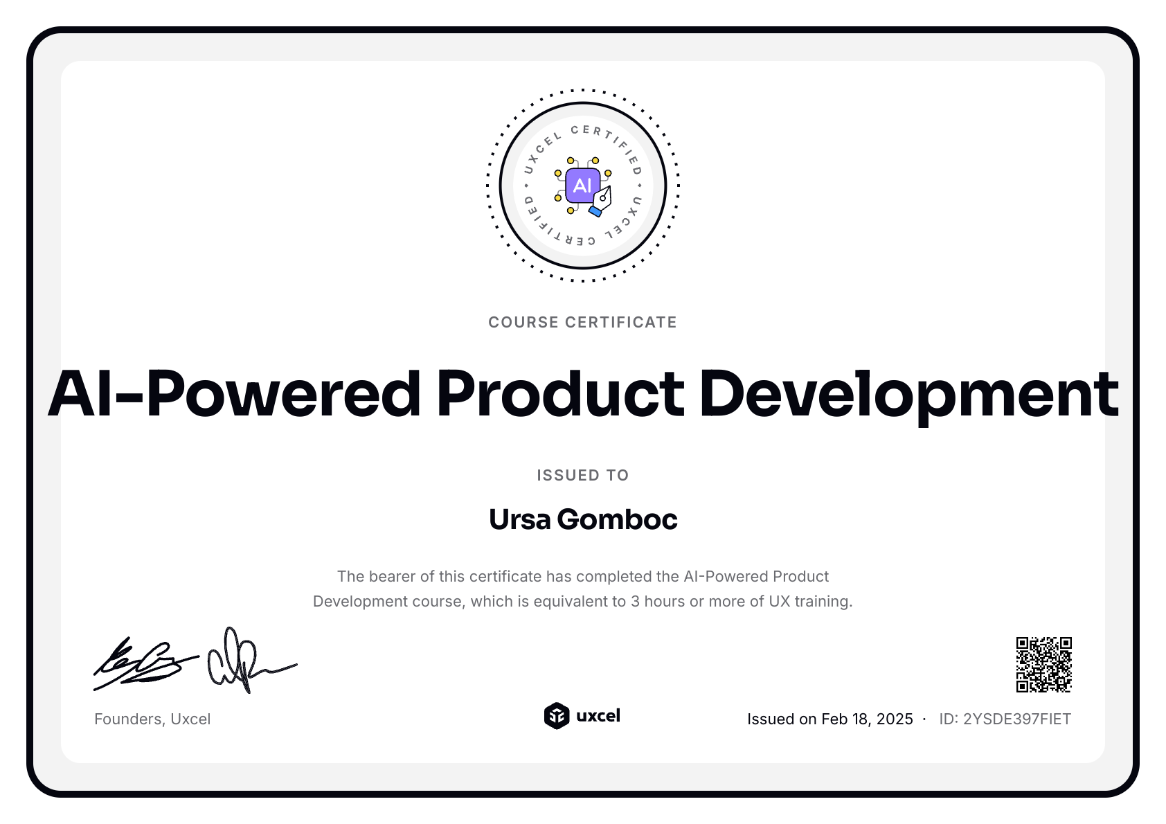 Ursa Gomboc's certificate